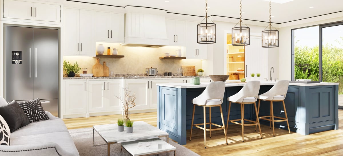 Modern kitchen with pantry storage and island